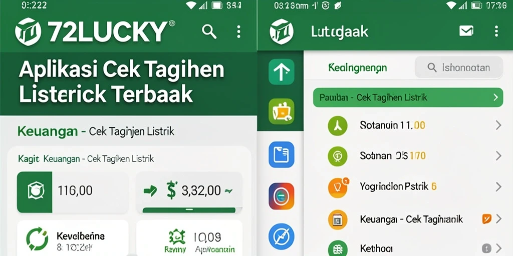 Antarmuka aplikasi 72LUCKY yang menampilkan fitur cek tagihan listrik.