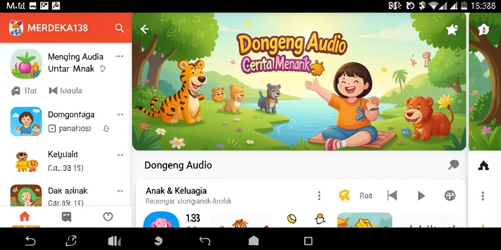 Antarmuka aplikasi MERDEKA138 menampilkan berbagai pilihan dongeng audio yang menarik.